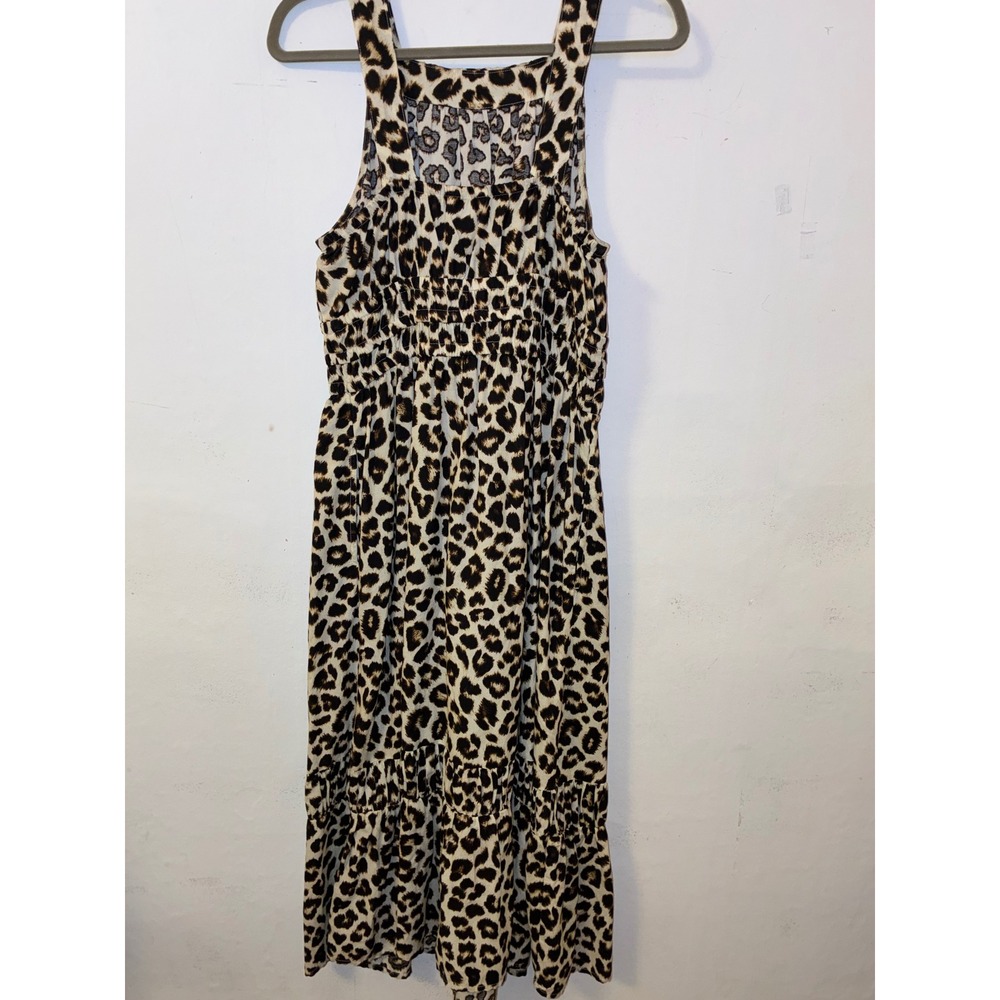 Time and Tru Leopard Print Smocked Midi Dress Brown Tan Animal Pattern Medium